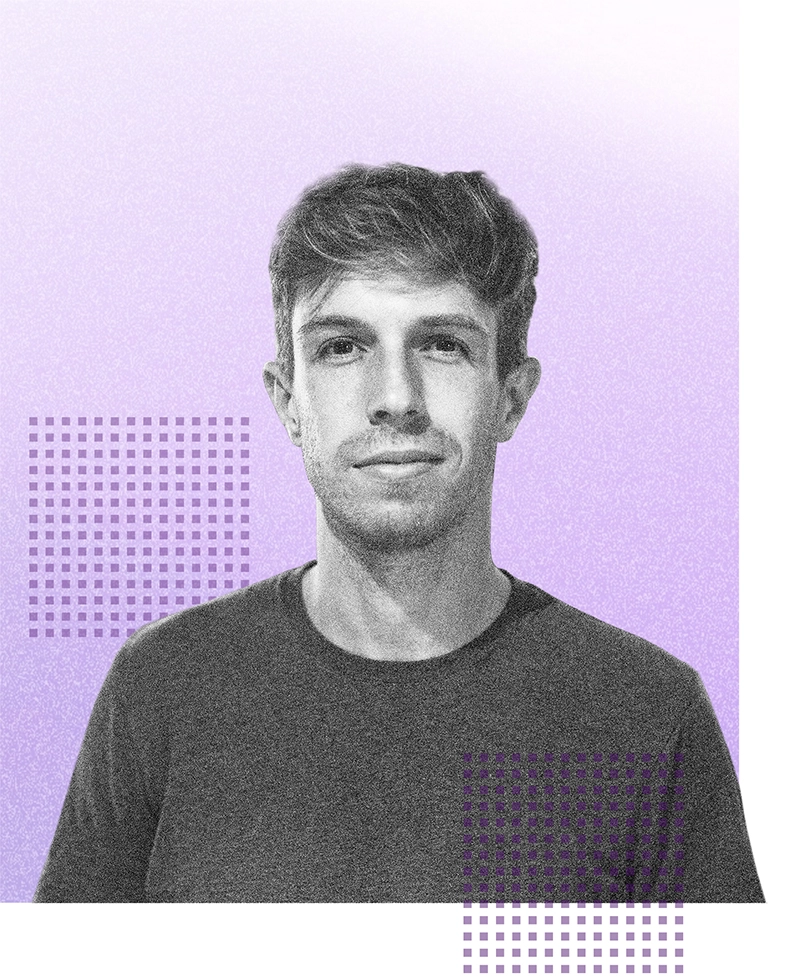 Grainy black and white photo of Matt Rogers with gradient box behind him